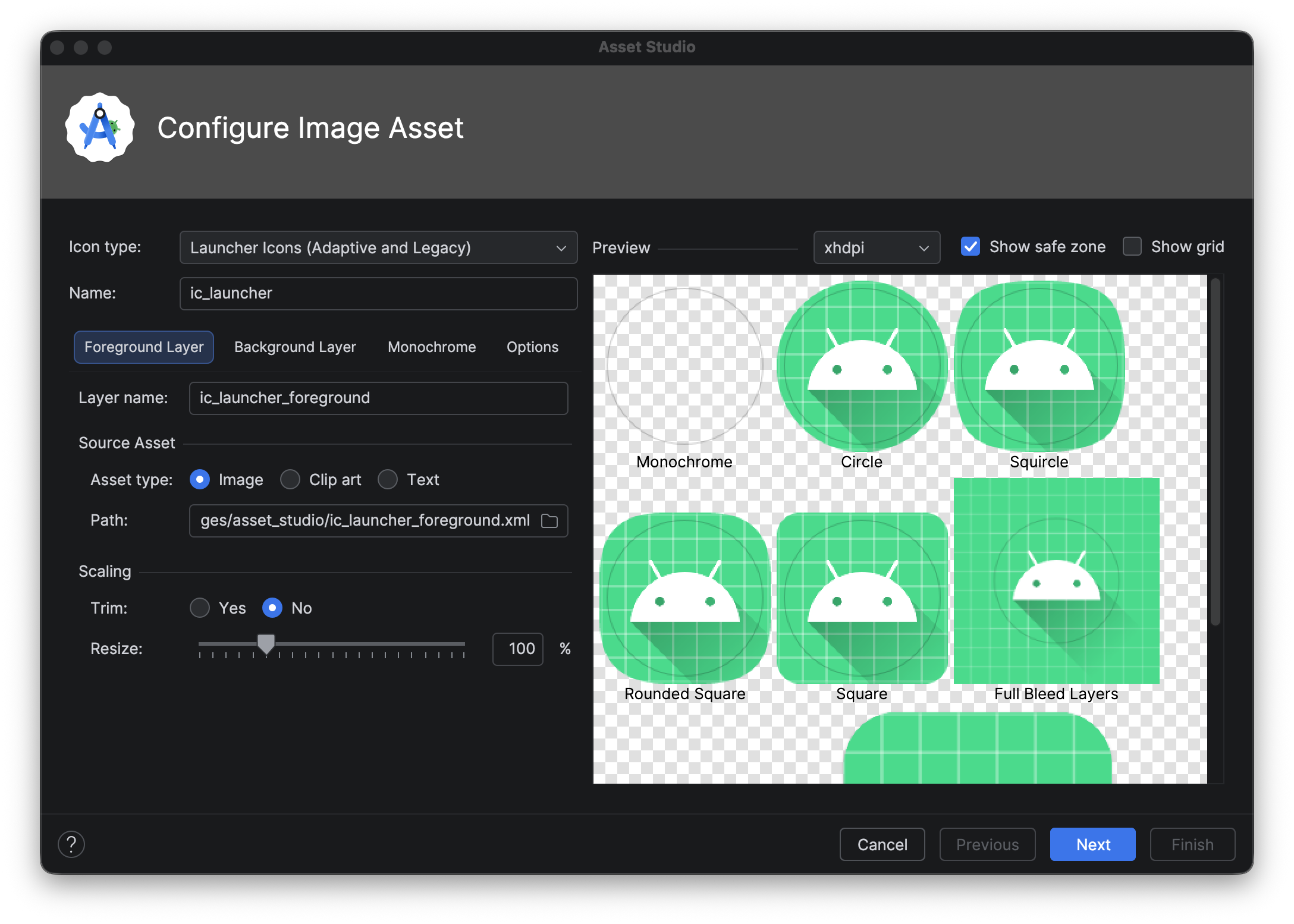 Trình hướng dẫn biểu tượng thích ứng và cũ trong Image Asset Studio.