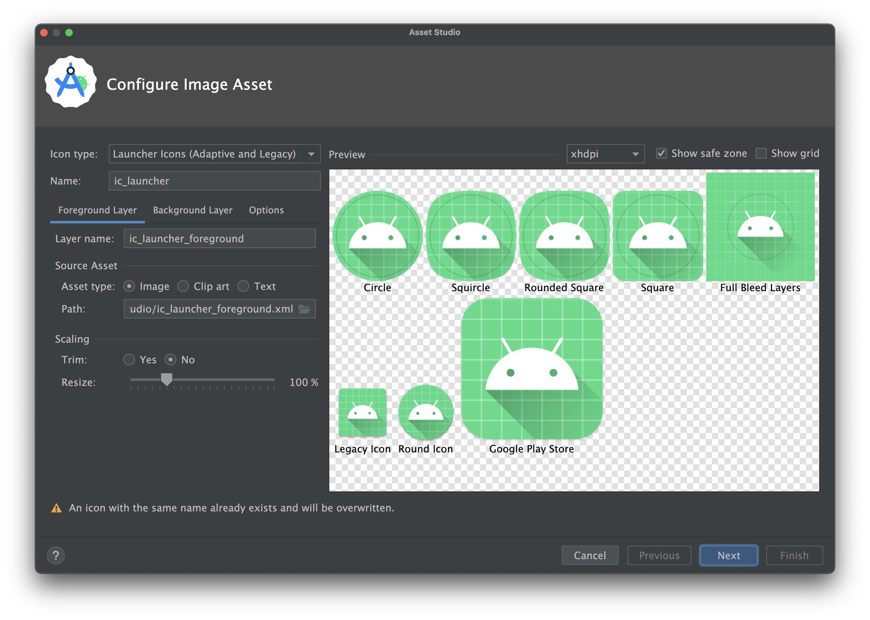 L&#39;assistant pour icône adaptative ou ancienne dans Image Asset Studio.