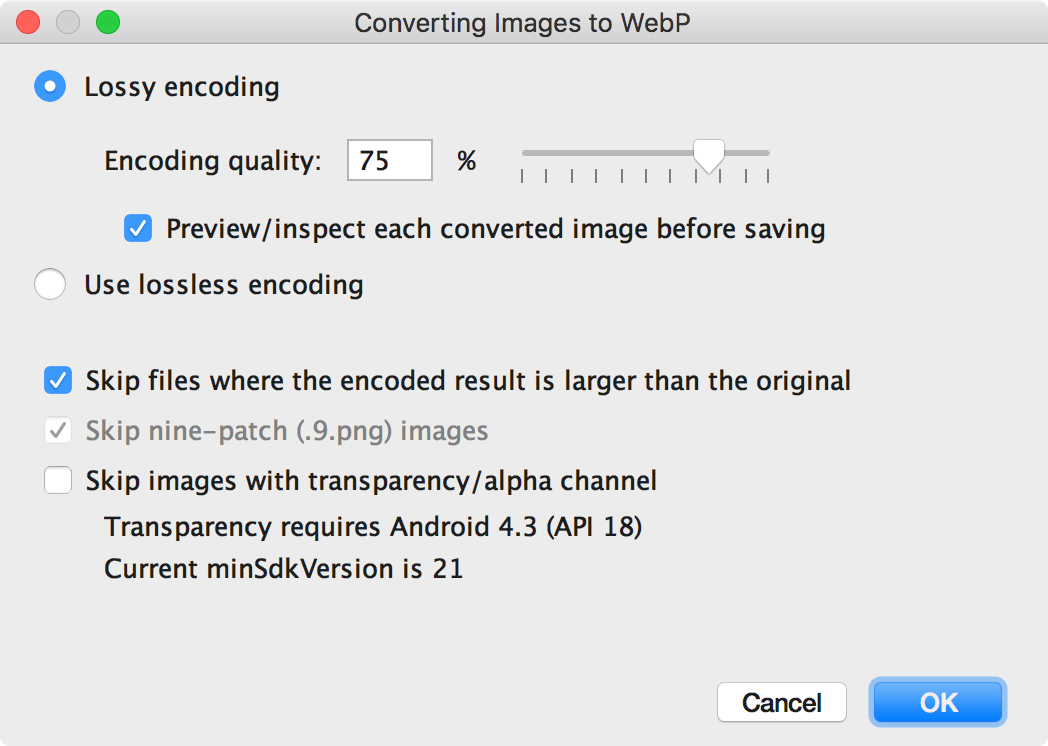 Diálogo Convirtiendo imágenes a formato WebP