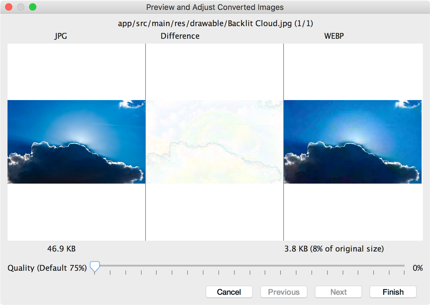 Conversión de un formato JPG a WebP con 0% de calidad