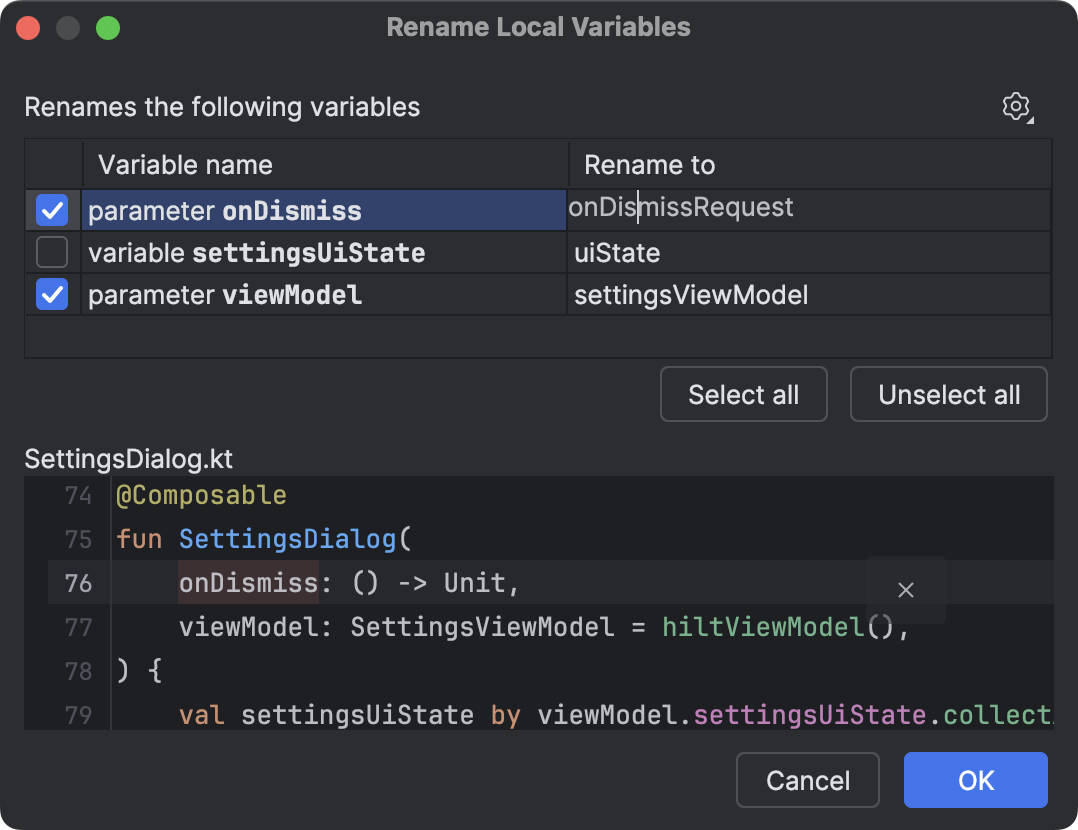 Hộp thoại Rename Local Variables (Đổi tên biến cục bộ) của Trình soạn thảo mã với các đề xuất tên.