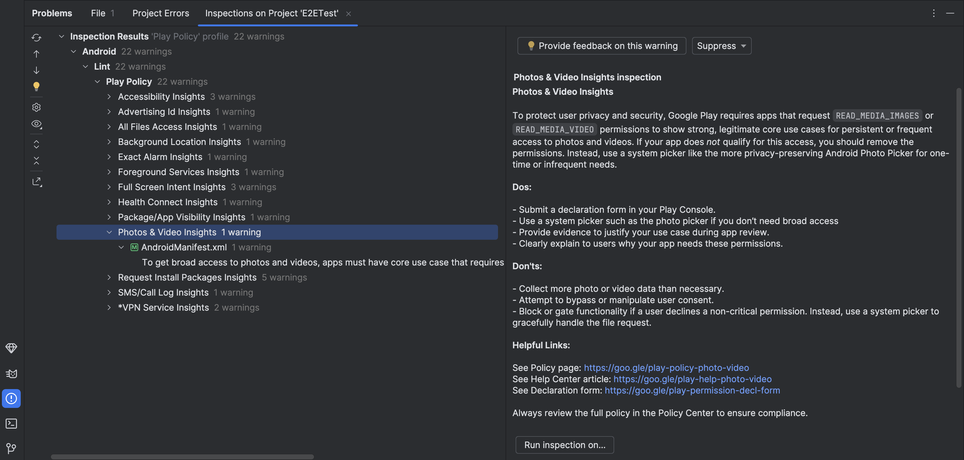 Android Studio 中的 Play 政策洞见