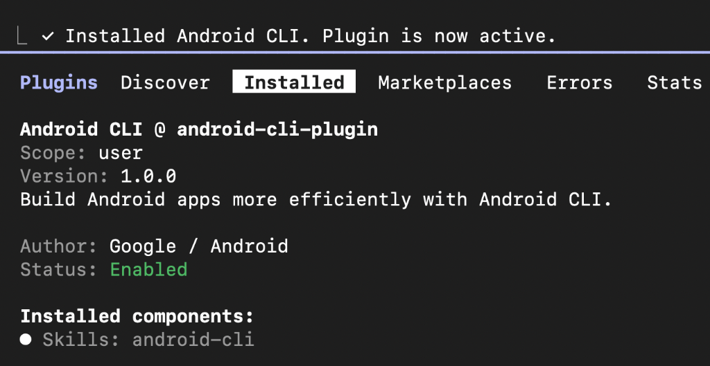Wtyczka interfejsu wiersza poleceń Androida zainstalowana i włączona w Claude Code.