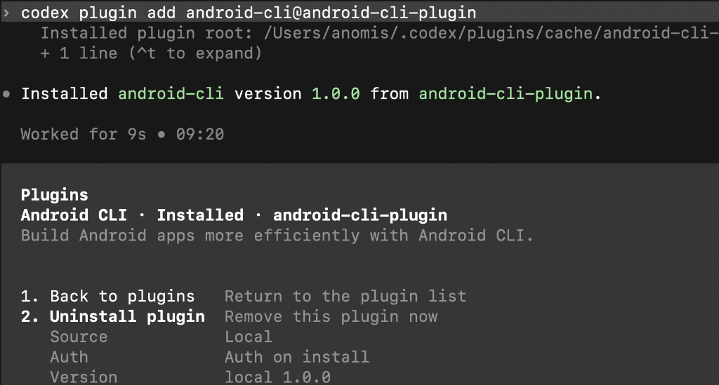 Android CLI plugin installed in Codex.