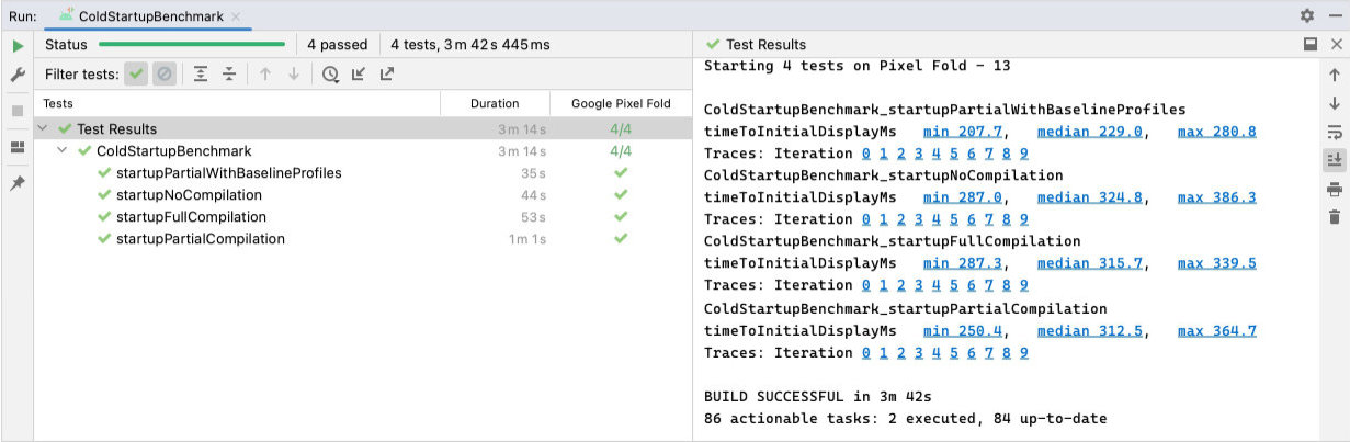 wyniki testu ColdstartupBenchmark,