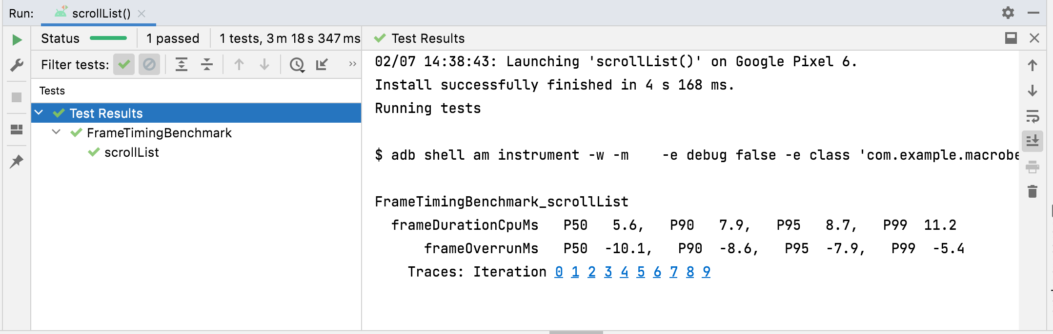 ผลลัพธ์ FrameTimingMetric