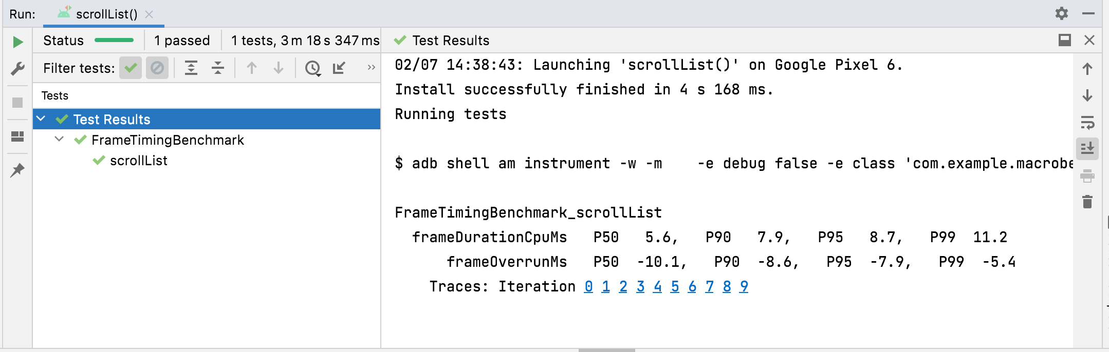 Resultados de FrameTimingMetric