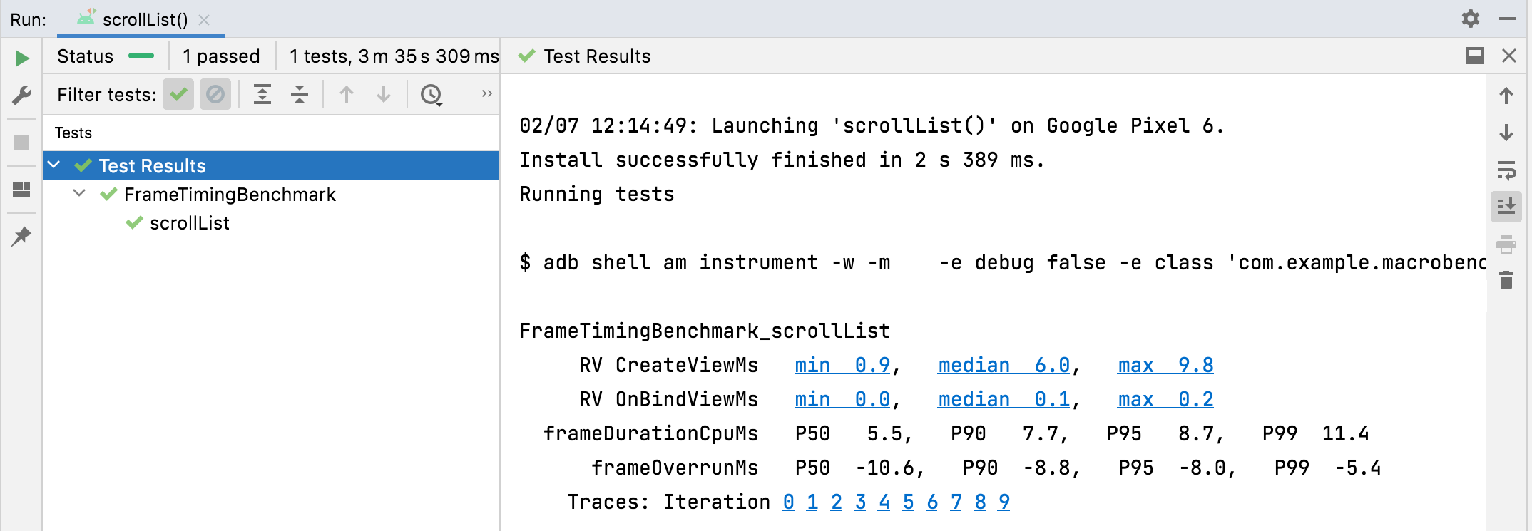 תוצאות של TraceSectionMetric ו-FrameTimingMetric.