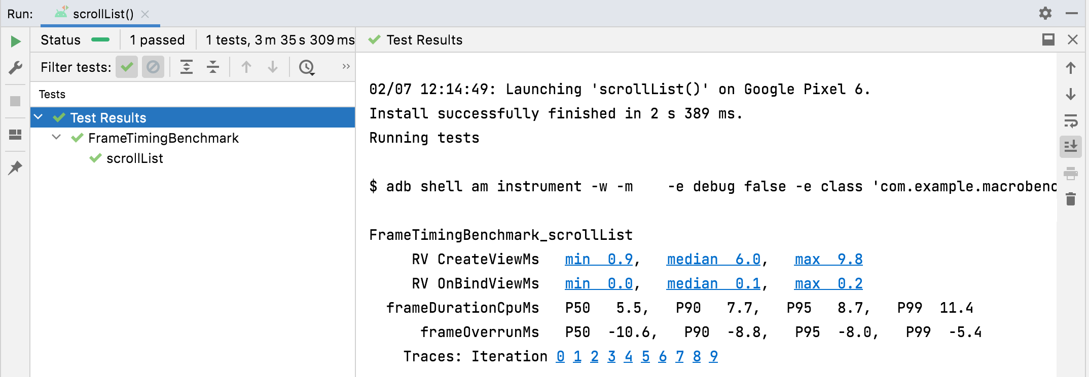 ผลลัพธ์ของ TraceSectionMetric และ FrameTimingMetric