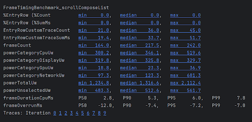 Résultats de TraceSectionMetric et de FrameTimingMetric
