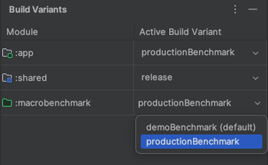 Benchmark variants for project with product flavors showing productionBenchmark and release selected.