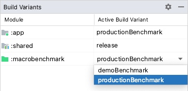 Varianti di benchmark per il progetto con le varianti del prodotto che mostrano
productionBenchmark e release
selezionati