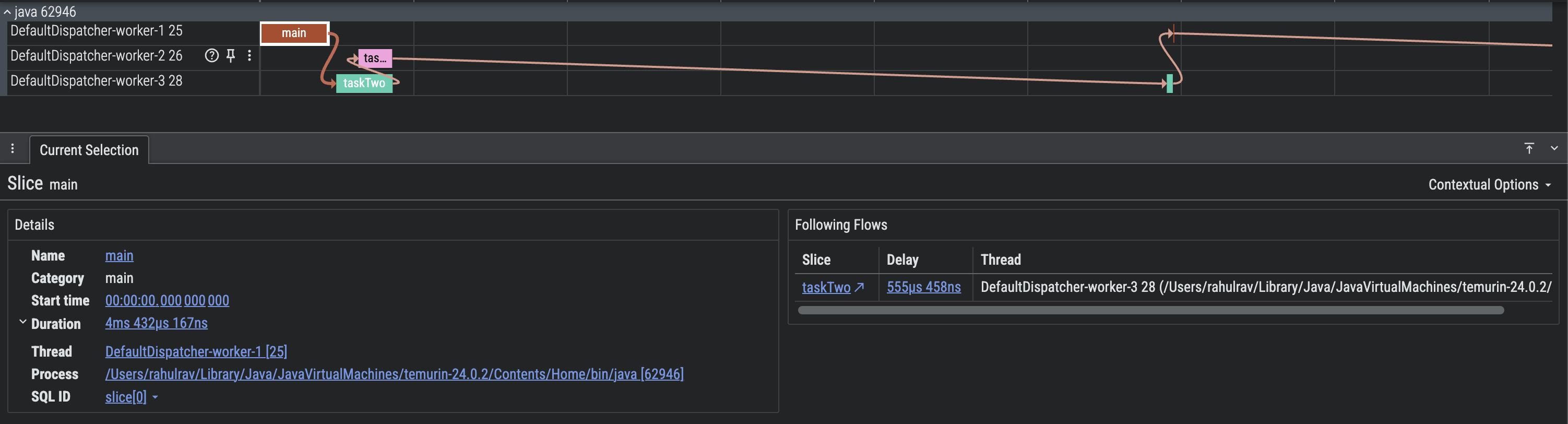 Screen capture of a Perfetto trace with context propagation