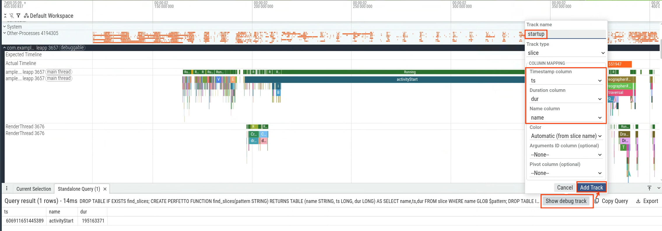 A screenshot of the Perfetto UI showing how to create a debug track for a startup query.