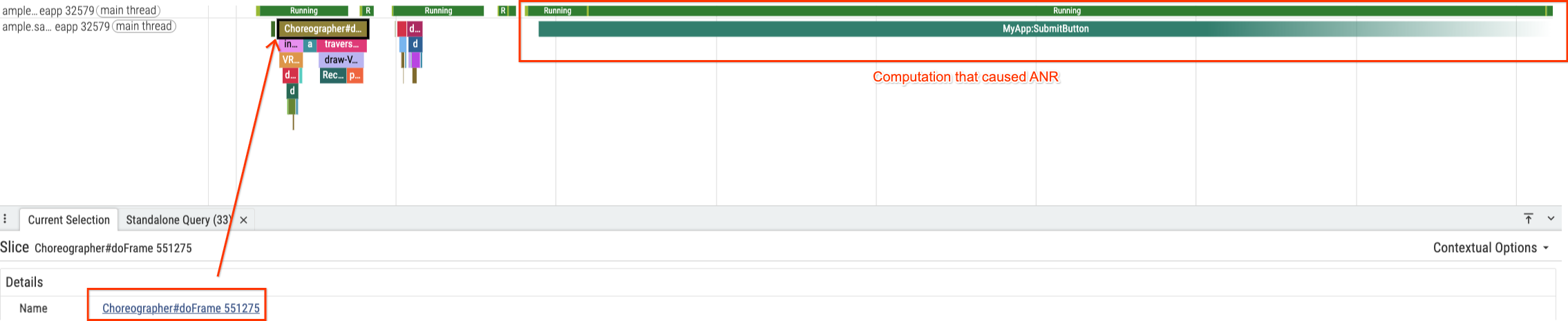 Perfetto UI showing last frame rendered by UI thread prior the ANR.