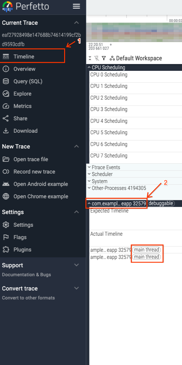 Perfetto UI navigation to app main thread.