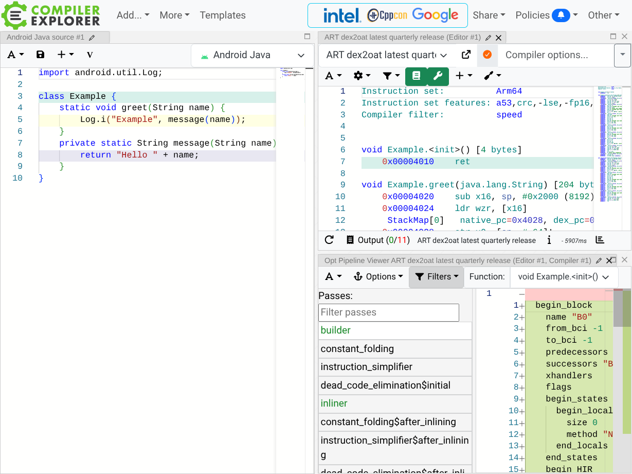 Captura de pantalla de la IU de Compiler Explorer que muestra un programa de muestra y su canalización de optimización y desensamblaje de salida de dex2oat con el paso de la inserción en línea
