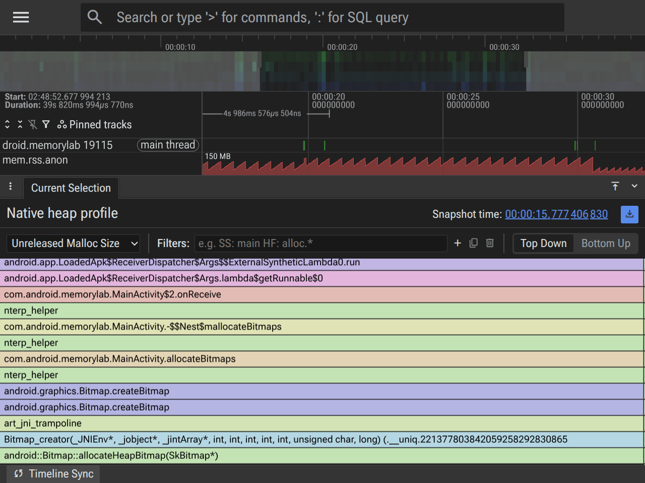 Perfetto UI showing Phase 4 Native allocations