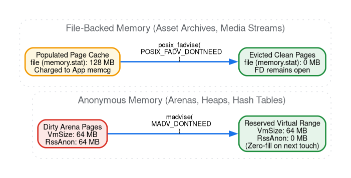 使用 madvise 释放脏 arena 页面，并使用 posix_fadvise 逐出缓存的资源页面，同时保持虚拟范围和文件描述符不变。
