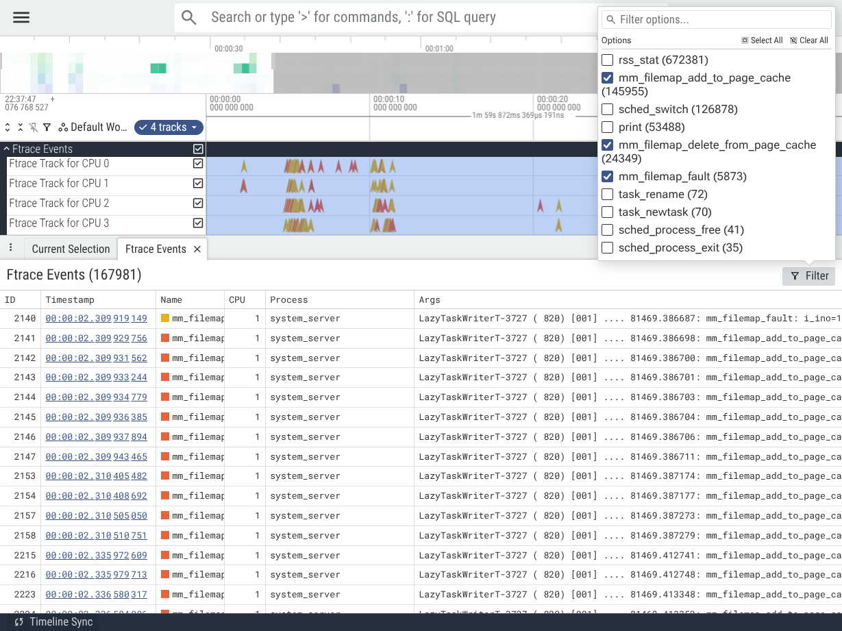 Perfetto showing page cache events in ftrace