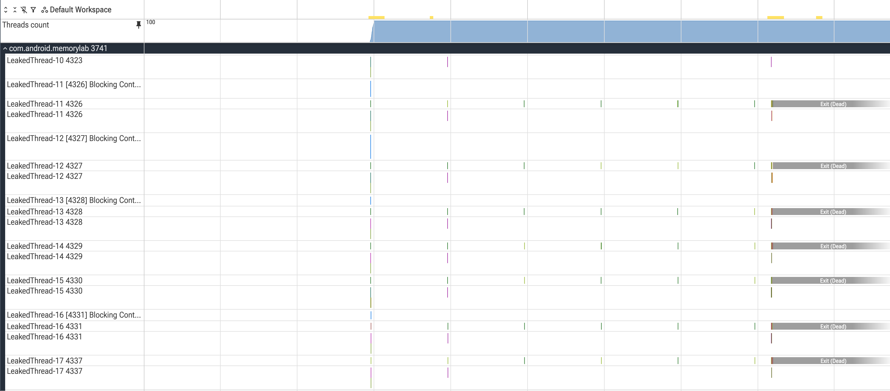 A screenshot of the Perfetto UI showing a counter track with the number of
active threads, and threads starting and exiting in the memorylab
app