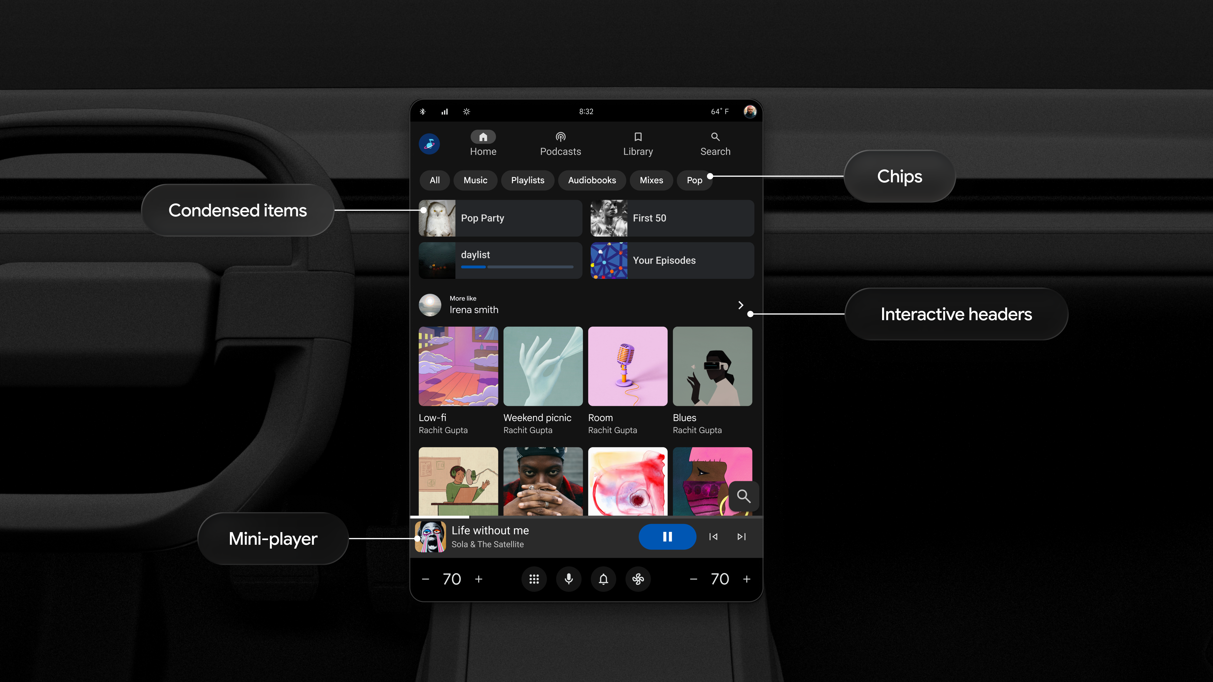 L'interface d'une application musicale affiche les titres et albums récemment écoutés, y compris deux rangées verticales et trois rangées horizontales de pochettes d'album.