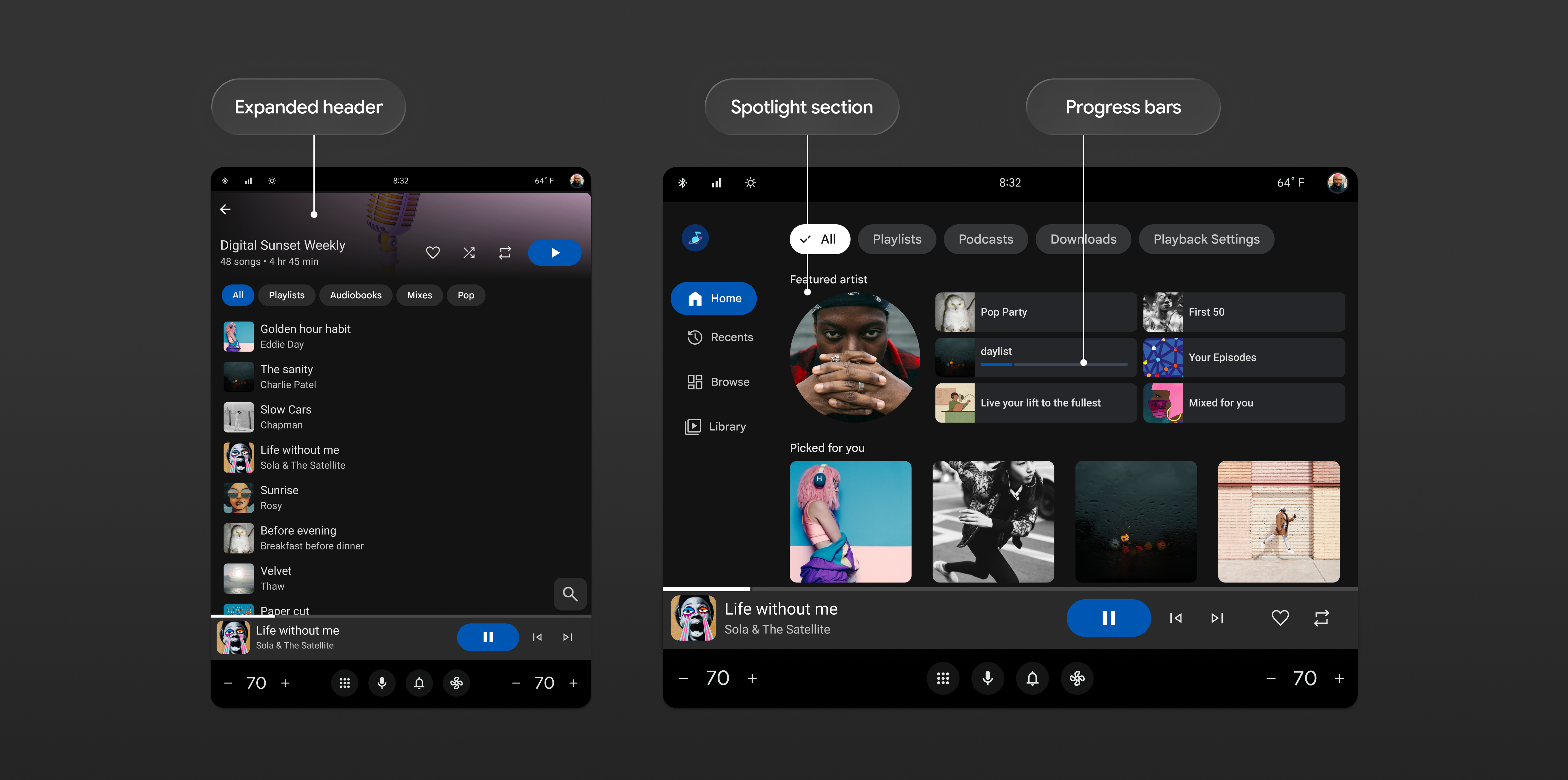 L'interfaccia di un'app musicale mostra brani e album ascoltati di recente,
     tra cui due righe verticali e tre ritratti orizzontali di copertine di album.