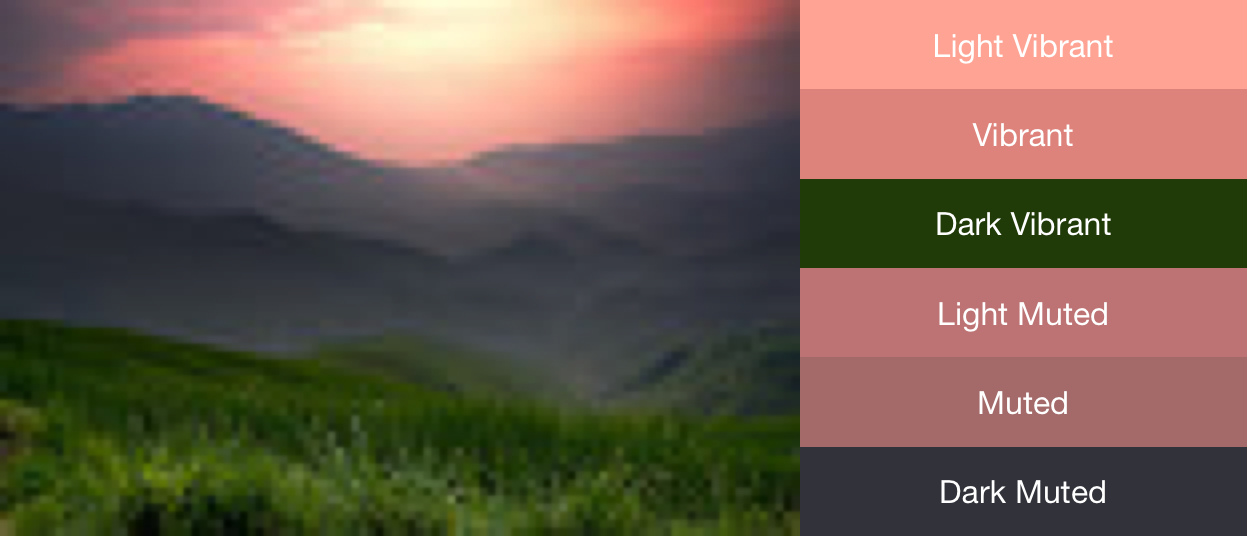 左側に夕日の画像、右側に抽出されたカラーパレットが表示されている画像。