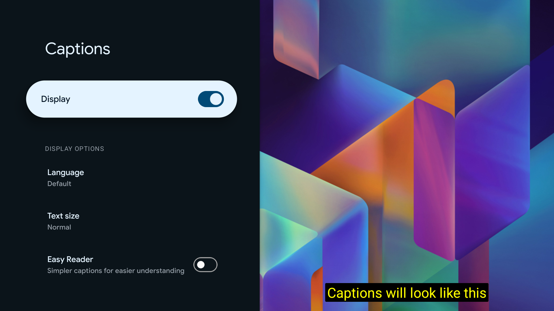 O menu de configurações de legendas no Android TV.