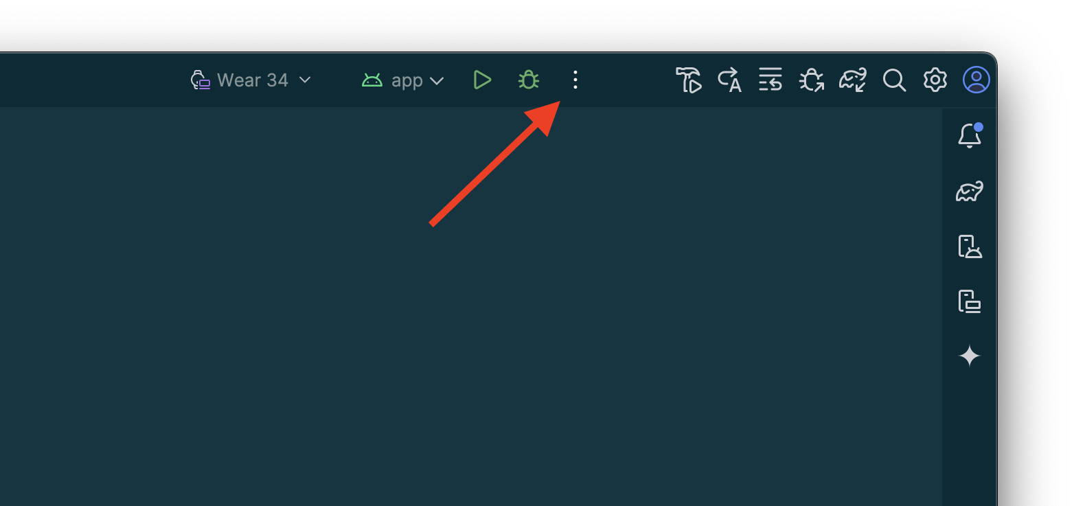 Screenshot mit rotem Pfeil, der in der Titelleiste auf die Option „⋮“ (das „Hamburger“-Menü) zeigt.