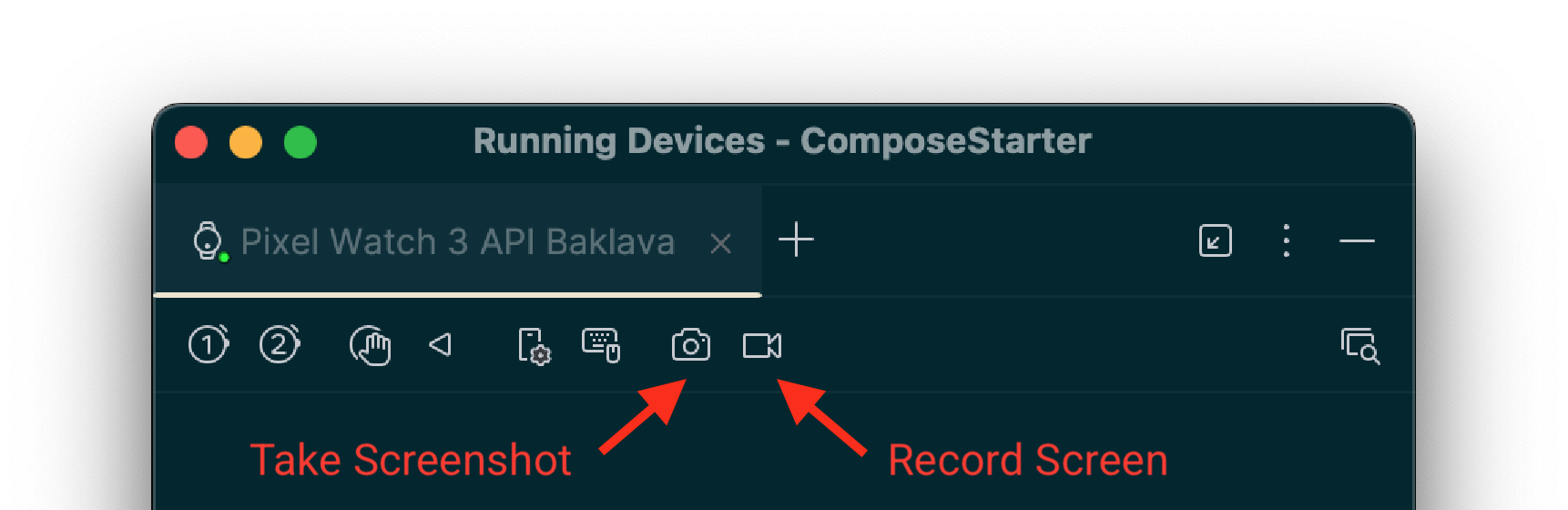 La ventana Running Devices de Android Studio, con flechas que apuntan a los botones de captura de pantalla y grabación de pantalla.