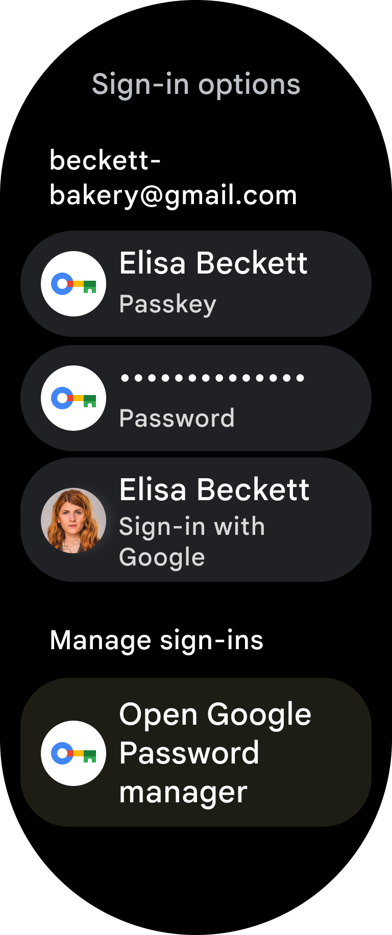 Użytkownik może uwierzytelniać się za pomocą kluczy dostępu, haseł i funkcji Zaloguj się przez Google.