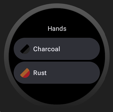 Cada tema de color aparece como un elemento en una lista. El nombre del elemento aparece en el título de la pantalla.