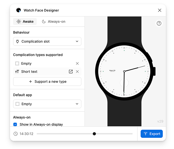 Os tipos de complicação compatíveis aparecem perto da parte superior central da janela.