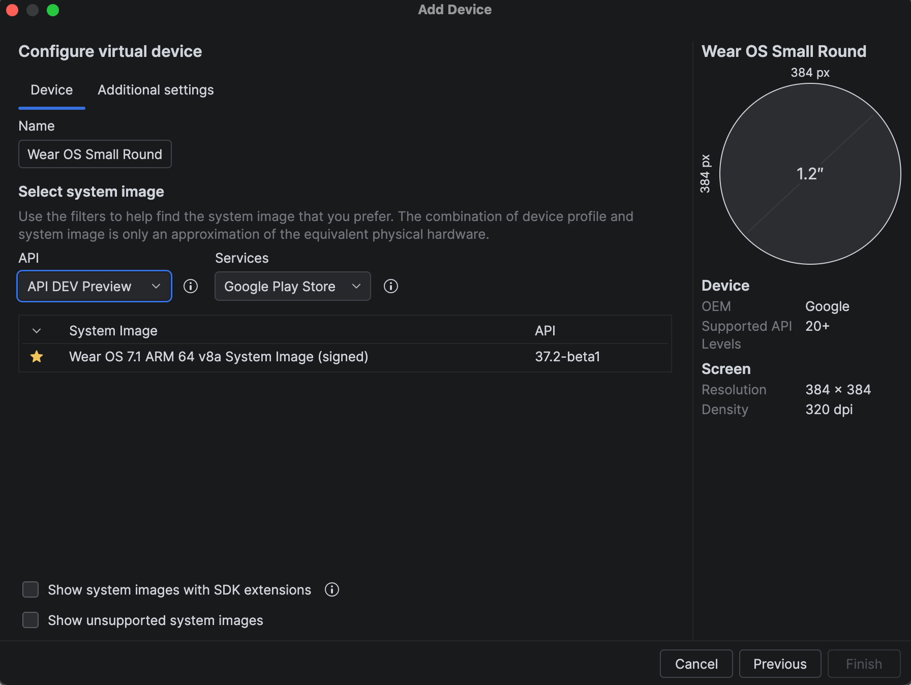 Android Studio 虚拟设备配置，其中显示所选项为 Wear OS 7.1 API 37.2-beta1 系统映像