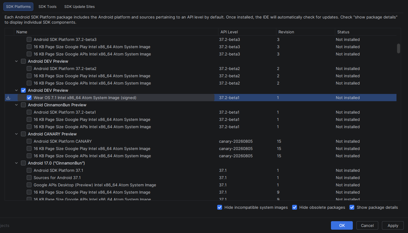 Android Studio SDK 管理器，显示了 Android DEV 预览版下的 Wear OS 7.1 系统映像