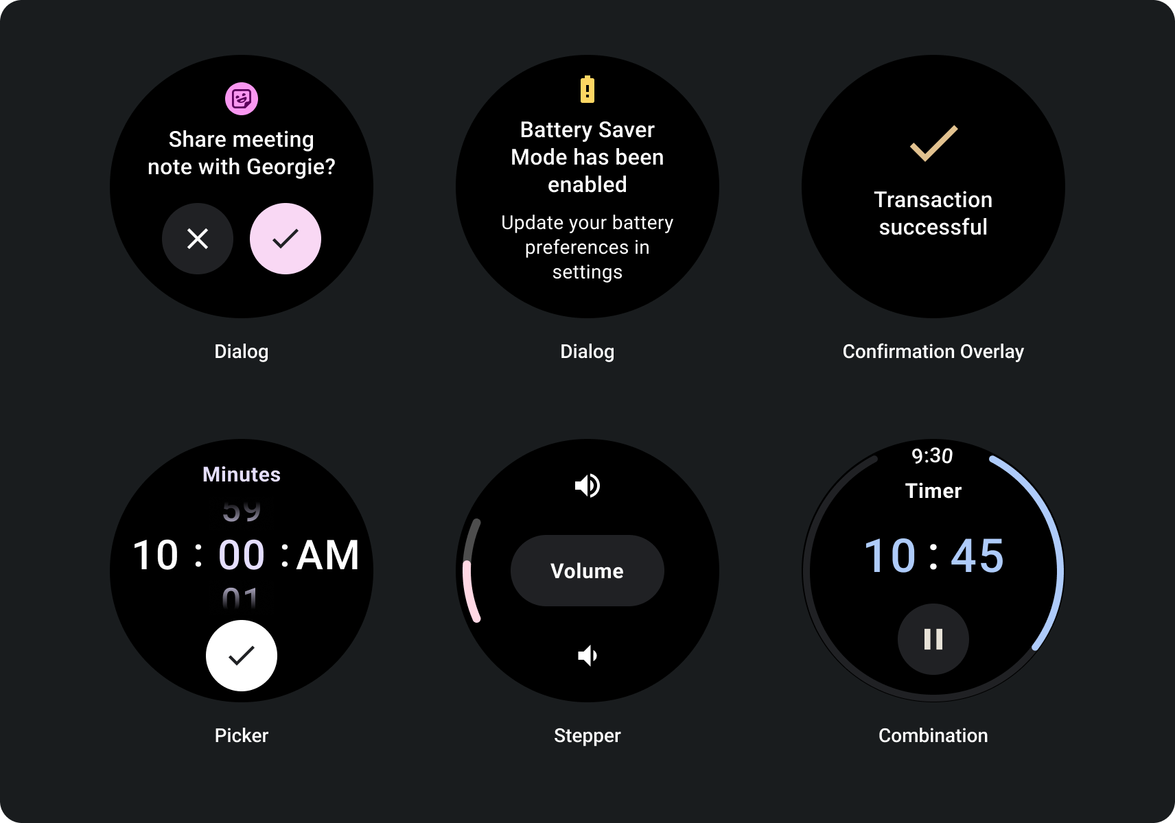 Examples include dialogs, confirmation overlays, pickers, steppers, and combinations