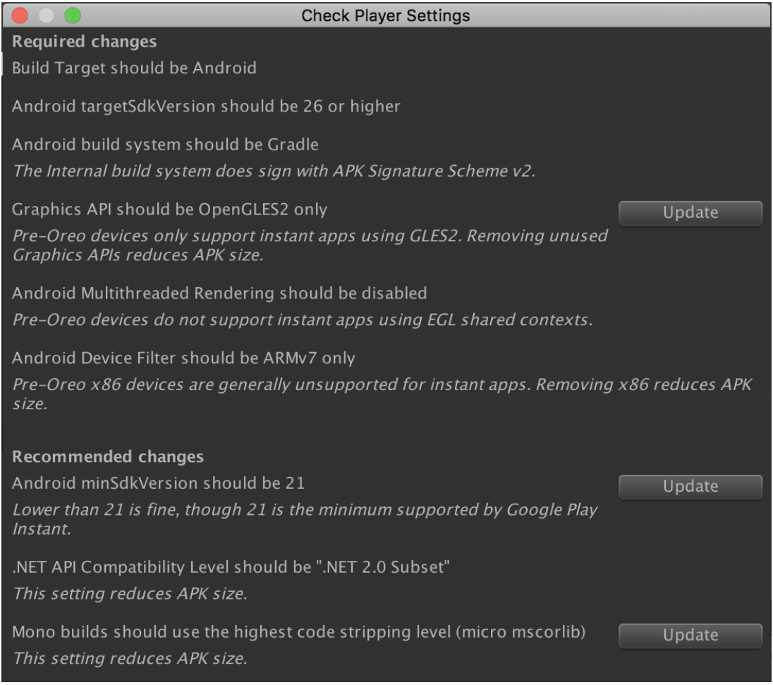 Specific suggestions include using OpenGL ES 2.0 only and
disabling Multithreaded Rendering.